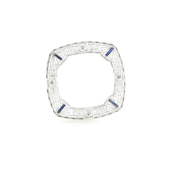 Vintage 14K White Gold Filigree, Diamond & Synthetic Sapphire Brooch/Pin #6555 - Picture 1 of 6
